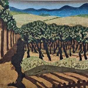 Vintage Satomi Kusaka Midcentury Japanese Woodblock Style Print - Vineyard