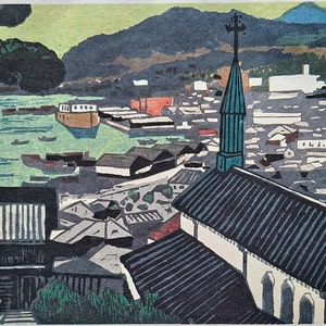 Kiyoshi Kawamura - Vintage Midcentury Japanese Woodblock Print - Nagasaki Bay from the Roman Catholic Church of Oura