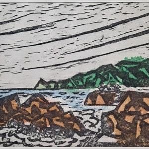 Masatoshi Mikami - Vintage Midcentury Japanese Woodblock Style Print -Kinkazan