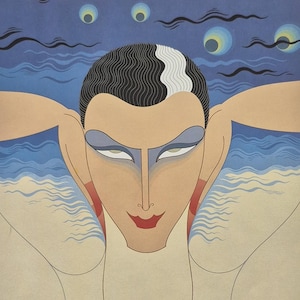 May include: Art Deco illustration of a person swimming, with arms extended. The figure has black wavy hair with a white streak, blue eyeshadow, and red lips. The background features blue water and stylized waves.