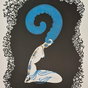 May include: A stylized illustration of a figure kneeling in profile, featuring long, swirling blue hair. The figure is adorned with intricate gold and blue jewelry, including a necklace, earrings, and arm ornamentation, with blue beaded strands draped across the waist. The central image is set against a solid black background, which is framed by a dense, chaotic border of black numbers.