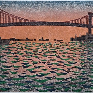 Kazuo Takada - Vintage Midcentury Japanese Woodblock Style Print - The Great Wakato Bridge
