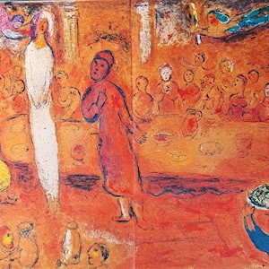 Pode incluir: Uma pintura que retrata uma cena da Bíblia, com um grupo de pessoas reunidas em torno de uma mesa. A pintura é feita em um estilo colorido, com muitos tons de laranja e vermelho. Há uma figura de branco no centro da pintura, e uma figura de vermelho no lado direito da pintura.