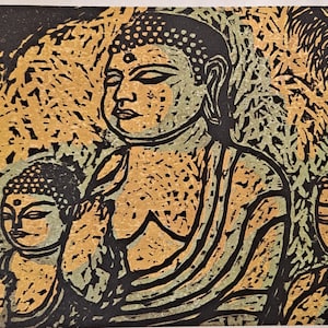 Masao Ito - Vintage Midcentury Japanese Woodblock Style Print - Usuki Stone Buddhas