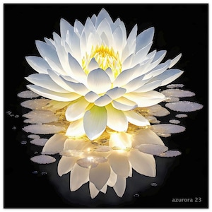 May include: A white lotus flower with a yellow centre, reflected in dark water. The petals are layered and delicate, with a soft glow. The water surface has small, reflective patches.