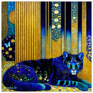 BLUE PANTHER 3 I Art Nouveau I Living Room I Housewarming Gift I Gustav Klimt I Art Deco I Animal Mystical I Heavenly Print