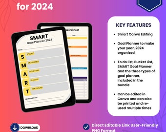 May include: Printable goal planner for 2024 with a SMART goal planner template, worksheet, to-do list, bucket list, and other goal planner templates. The planner is editable in Canva and includes a direct editable link in PNG format.