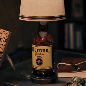 Handmade Corona beer bottle lamp.| Bar lamp/ great gift/ man cave decor/ charred wood base/ Dad gift/ desk lamp/ reclaimed/ recycled.