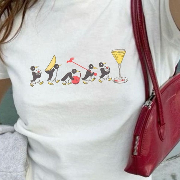 Vintage Cocktail Baby Tee, Coquette Baby Tee, Retro Graphic Top, Pinterest Aesthetic, 90s Tshirt, Y2K, Bar Illustration, Cocktail Penguins