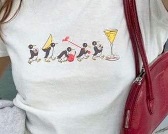 Vintage Cocktail Baby Tee, Coquette Baby Tee, Retro Graphic Top, Pinterest Aesthetic, 90s Tshirt, Y2K, Bar Illustration, Cocktail Penguins