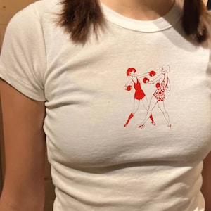 Retro Boxing Girls Baby Tee, Coquette Baby Tee, Vintage Graphic Top, Pinterest Aesthetic, 90s Tshirt, Y2K Shirt, Vintage Illustration Shirt