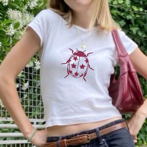 Ladybug Baby Tee, Lucky Star baby tee, Pinterest Aesthetic, Retro Graphic Shirt, y2k Baby Tee, Womens Baby Tee, Indie Burgundy, Bugs