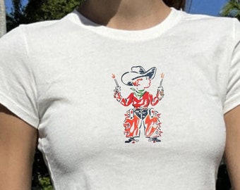 Cowboy Baby Tee, Western Baby Tee, Pinterest Aesthetic, Retro Graphic Shirt, Y2K Baby Tee, Retro Illustration, Kidcore, Whimsical Tee