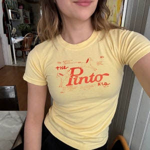 May include: Yellow short-sleeved t-shirt with a red graphic of two horses and the text "The Pinto Kid" in red.