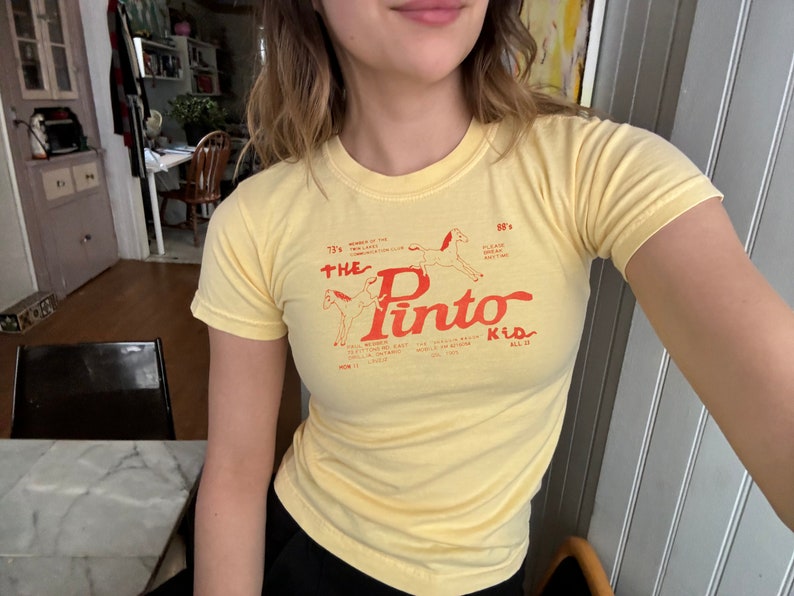 May include: Yellow short-sleeved t-shirt with a red graphic of two horses and the text "The Pinto Kid" in red.