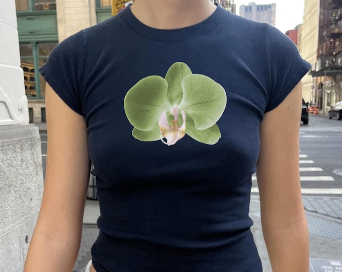 Matcha Green Orchid Baby Tee, Floral Lover Shirt, Graphic Flower Tee, Alternative Indie T-Shirt,  Matcha Baby Tee, Pilates Baby Tee