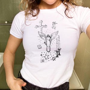 Y2K Alt Grunge Baby Tee, Medieval Baby Tee, Gothic Illustration Baby Tee, Black and White, Cotton Tee, Womens Baby Tee, Butter Yellow, Pink
