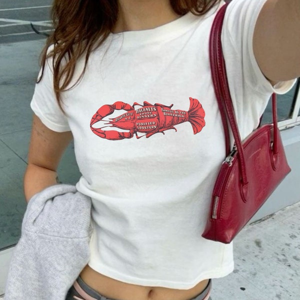 Retro Lobster Baby Tee, Coquette Baby Tee, Vintage Graphic Top, Pinterest Aesthetic, 90s Tshirt, Y2K Shirt, Seafood Illustration Shirt