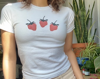 Strawberry Baby Tee, Gingham Fruity Girl Cotton T-Shirt