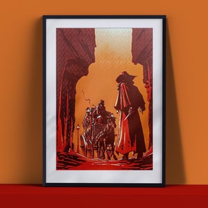 Peut inclure: Une illustration rouge et noire d'une personne en manteau long et chapeau marchant dans une rue avec un carrosse tiré par des chevaux en arrière-plan.