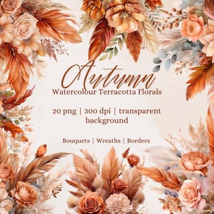 Terracotta Floral Clipart Pack, Watercolour Terracotta Florals, Bohemian Flower, Autumn, Fall Wedding Clipart PNG, Digital Download