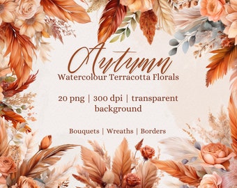 Watercolor Terracotta Floral Clipart: Autumn Boho PNG (Digital Download)