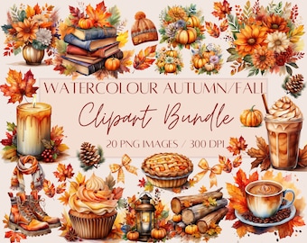 Watercolor Autumn Clipart Bundle: Pumpkin Bouquets, Fall Leaves (Digital Download)