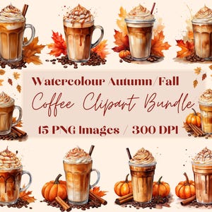 Pumpkin Spice Coffee Clipart, Cozy Fall drinks clipart, Autumn gate clipart bundle, 15 PNG, Coffee Mug, Pumpkin Latte, Digital Download