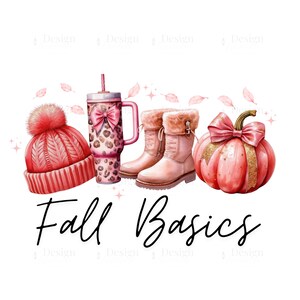 May include: Fall Basics text with a pink and white knitted hat, a pink and white boot, a pink and white pumpkin, and a pink and white leopard print travel mug.