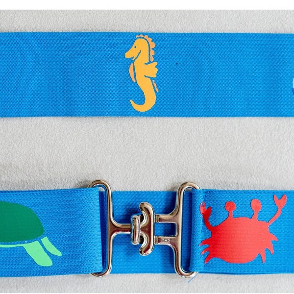 1.5 inch adjustable equestrian belt, Blue horse show belt, Elastic children’s belt with ocean life, Equestrian gift