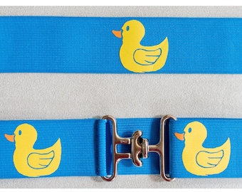 1.5 inch elastic equestrian belt, Ducks on blue horseback riding belt, Childrens horse show belt with surcingle buckle, Equestrian gift