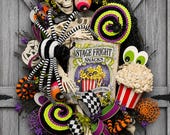 Skeleton Halloween Decor, Halloween Candy Wreath, Spooky Front Door Wreath, Trick or Treat Door Hanger, purple lime green black white decor