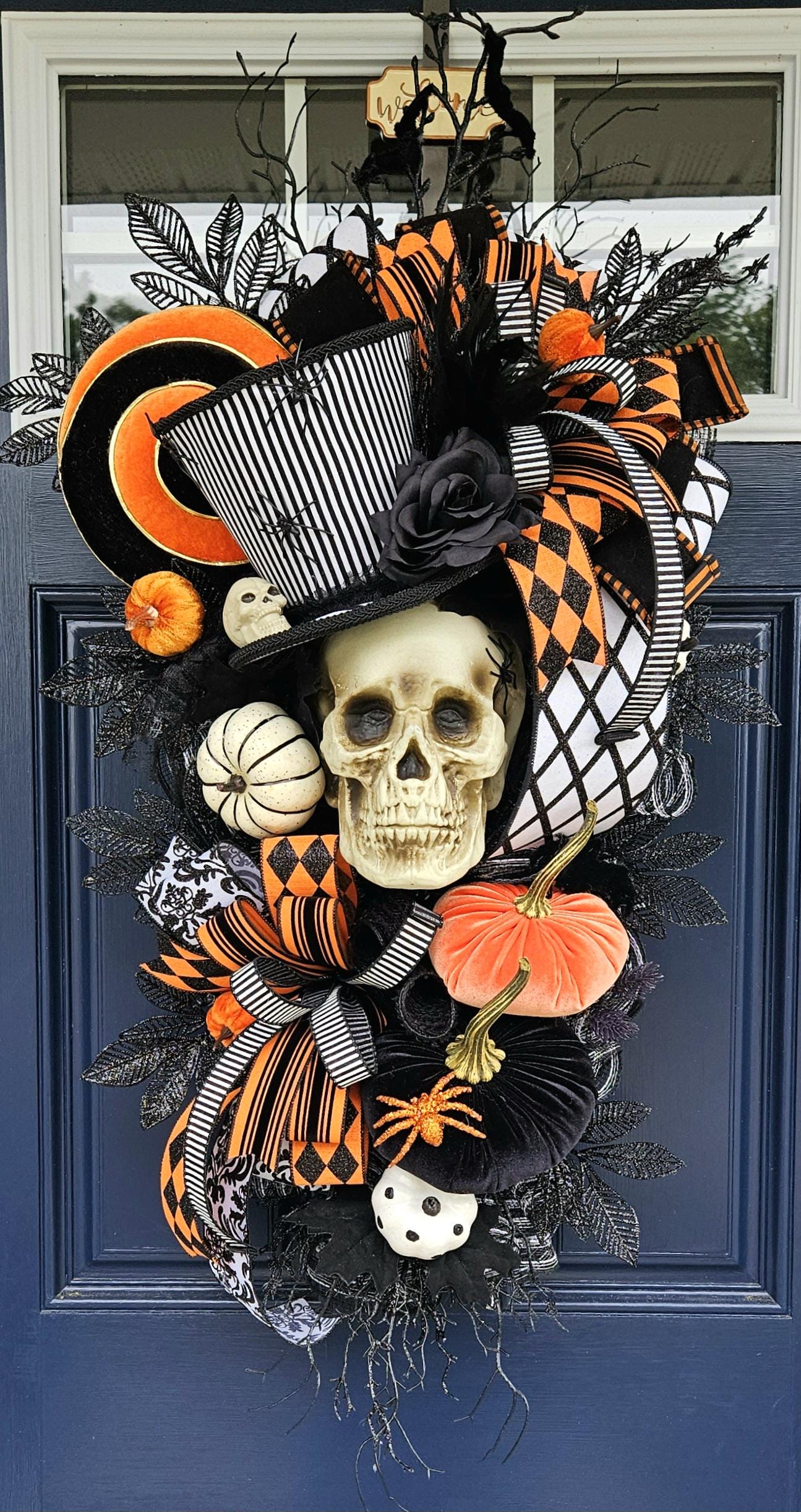 Skeleton top hat wreath, steampunk skeleton swag, skull top hat, halloween wreath swag, Skeleton wreath, orange black wreath, Halloween swag