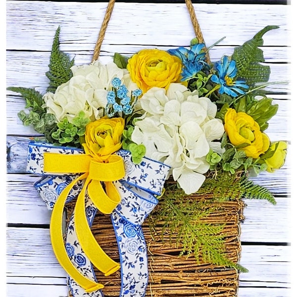 Blue and yellow basket wreath for the front door, Mothers Day wreath, twig spring floral swag, summer decorations, Porch double door hanger
