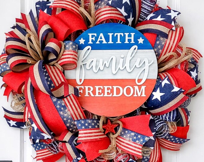Patriotic Wreath, 4th of July Door Decor, Red White Blue Wreath, Faith ...