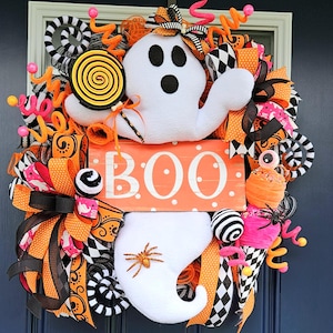Halloween Ghost Wreath for the front door, Ghost Wreath, Whimsical Orange & Black HalloweenWreath, spooky door decor, Candy door decor, eyes