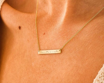 Morse Code Necklace Dainty Thin 14k Gold, Engraved Bar Necklace Morse Code Jewelry with Custom Name and Secret Message