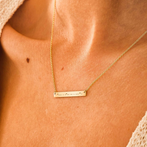 Morse Code Necklace Dainty Thin 14k Gold, Engraved Bar Necklace Morse Code Jewelry with Custom Name and Secret Message