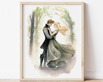 Sleeping Beauty and Prince Phillip | Once Upon a Dream Forest Dance | Vintage-Style Illustration | Fairytale Wall Art | INSTANT DOWNLOAD
