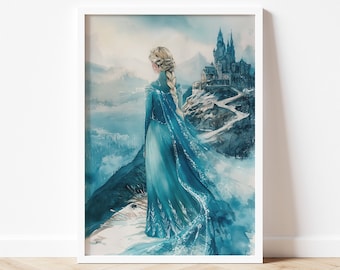 Portret prinses Elsa | Bevroren sprookjeskasteel muurkunst, afdrukbare digitale download