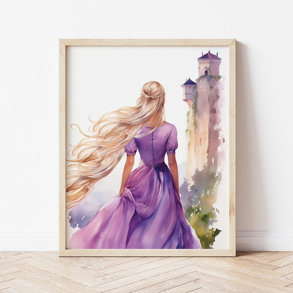 Rapunzel with Tangled Hair and Tower | Vintage-Style Illustration Print | Fairytale Wall Art ~ INSTANT DOWNLOAD