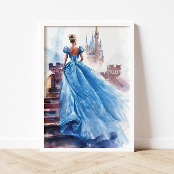 Cinderella on Fairytale Castle Steps Before Ball | Vintage-Style Illustration Print | Digital Download