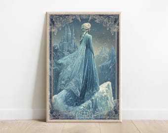 May include: A vintage-style illustration of a woman in a blue gown and cape standing on a snowy mountaintop. The woman has long blonde hair and is looking out at a snowy landscape. The illustration is framed in a gold border with ornate details.