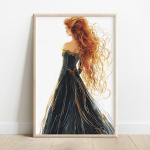Retrato de Mérida / Valiente princesa escocesa de pelo rojo salvaje / Descarga digital imprimible de cuento de hadas