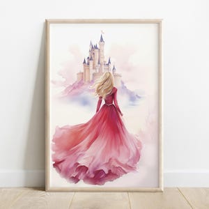 La Belle au bois dormant et son château | Aurora en robe rose foncé de conte de fées | Art imprimable princesse aquarelle, ratios de 5 | Décoration murale en téléchargement numérique