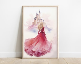 Sleeping Beauty & Castle | Aurora in Deep Pink Fairytale Gown | Watercolor Princess Printable Art, 5 Ratios | Digital Download Wall Decor