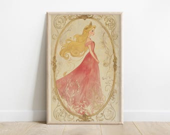 Könnte beinhalten: Eine Vintage-Illustration einer Prinzessin in einem rosafarbenen Kleid mit einer goldenen Krone. Die Prinzessin hat langes blondes Haar und steht in einem goldenen verzierten Rahmen.