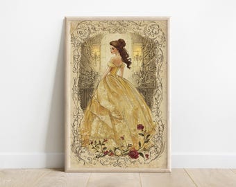 May include: A vintage-style illustration of Belle from Beauty and the Beast. She is wearing a yellow ball gown and standing in a grand ballroom with ornate details. The image is framed in a decorative border.