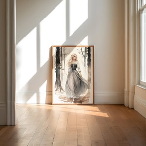 May include: A framed watercolor painting of a woman in a white dress and black corset walking through a forest. The woman has long blonde hair and is looking to the right. The forest is depicted in shades of gray and brown.