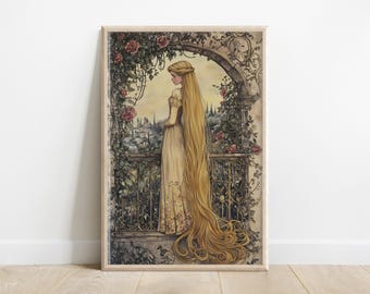 May include: A painting of a woman with long blonde hair standing on a balcony overlooking a city. She is wearing a white dress and has a crown of flowers in her hair. The balcony is decorated with vines and flowers.